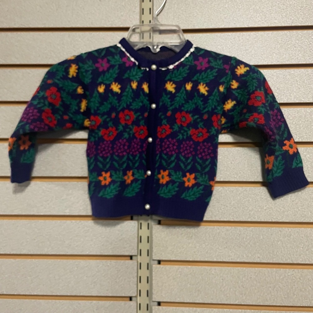 Vintage 80s 90s Style Kids Navy Blue Floral Knit Cardigan Lace Trim Pearls 2T 3T